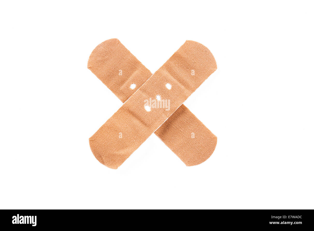 Adhesive bandage, plaster as cross sign, isolated on white background