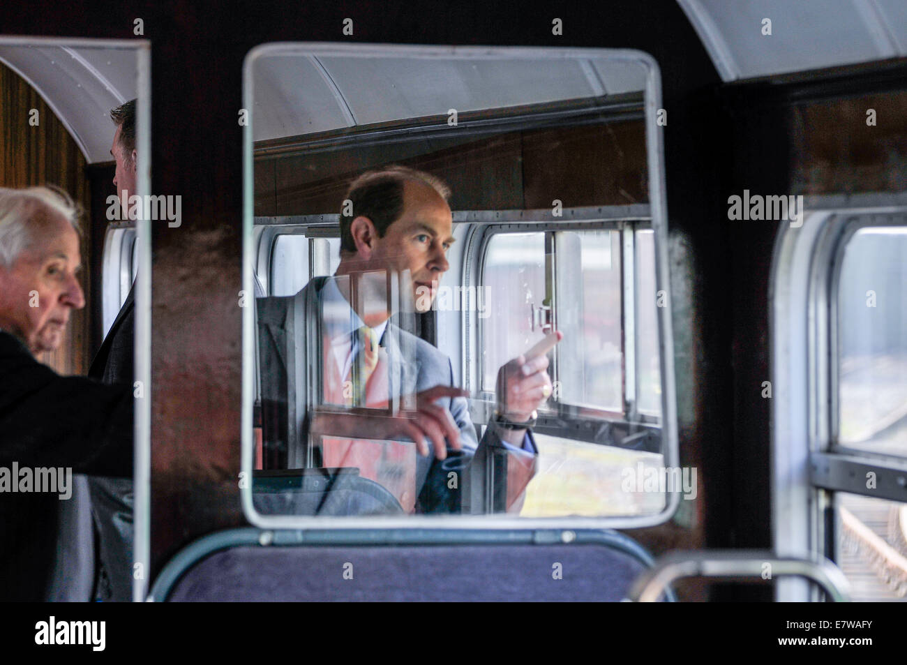 Downpatrick, Northern Ireland. 23/09/2014 - Prince Edward rides on board a steam train Stock Photo