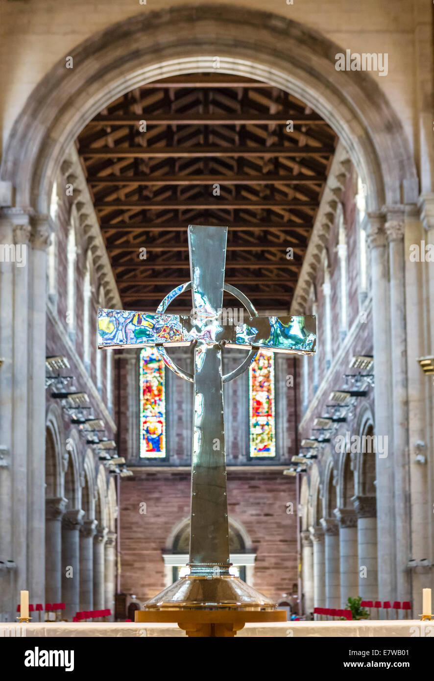 Celtic cross inside St Anne's Cathedral, Cathedral Quarter, Belfast, Northern Ireland, UK Stock Photo