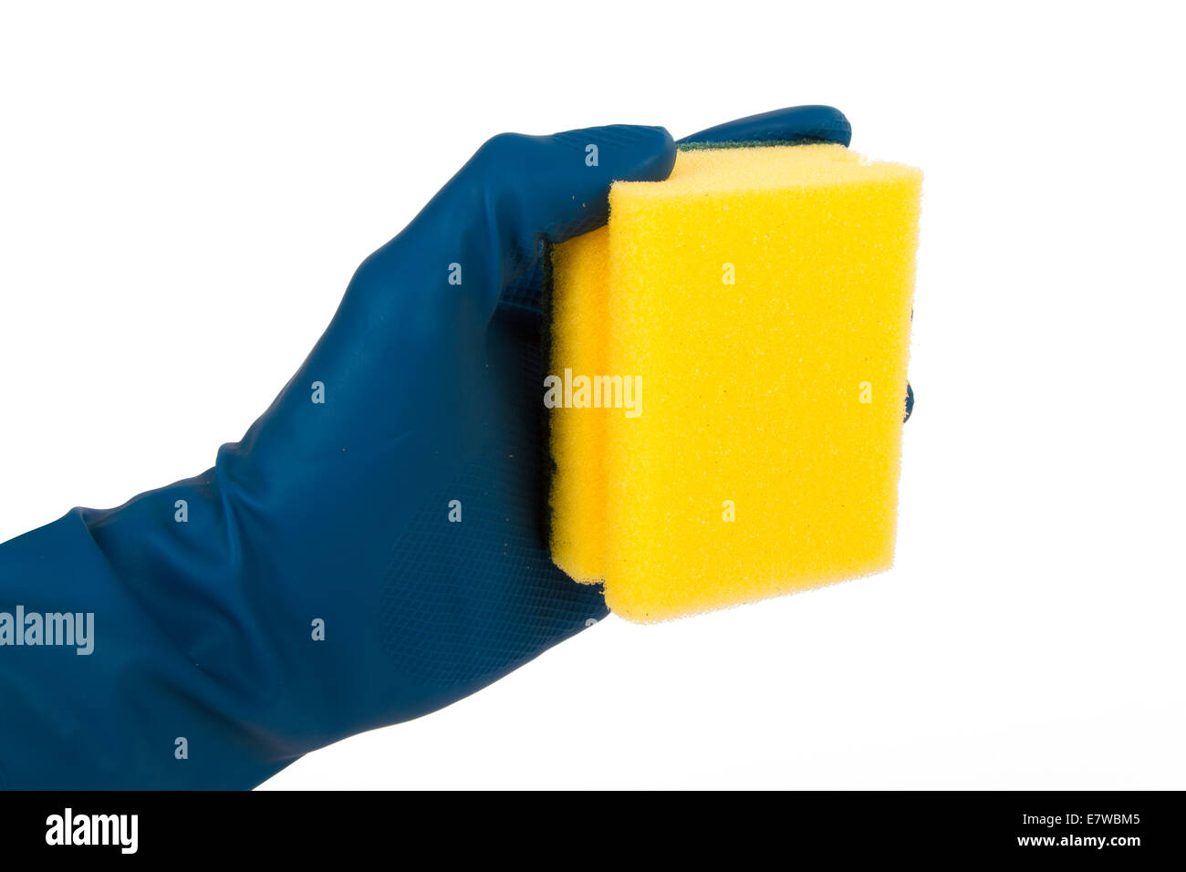 Hand with blue glove holding yellow cleaning sponge, isolated on white ...