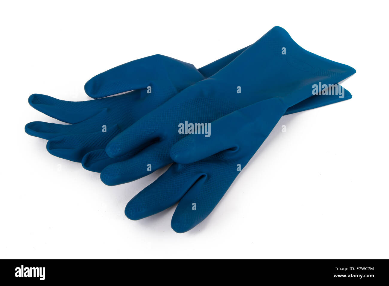 Blue latex gloves for cleaning, isolated on white background Stock