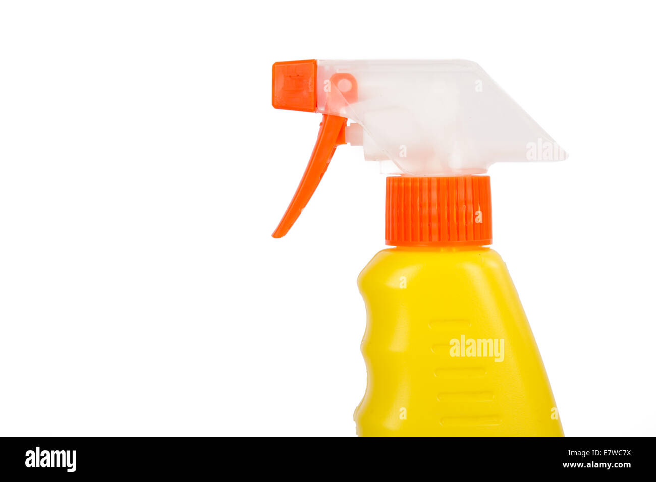 Yellow spray bottle for cleaning, isolated on white background Stock