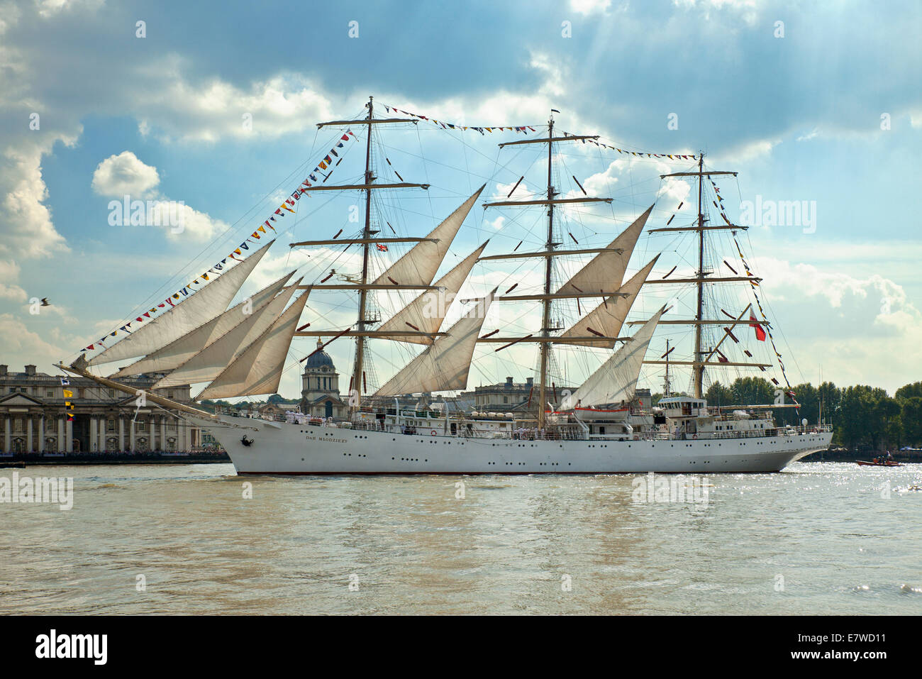 The Dar Mlodziezy tall ship, passing The Old Royal Naval College at Greenwich. Stock Photo