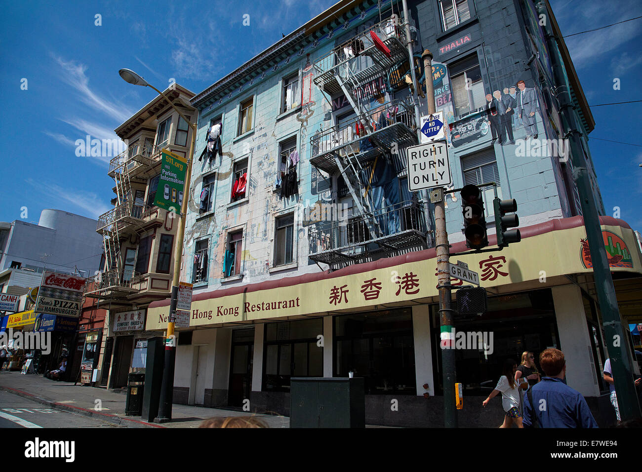 Washing and murals on building, Chinatown, San Francisco, California, USA Stock Photo