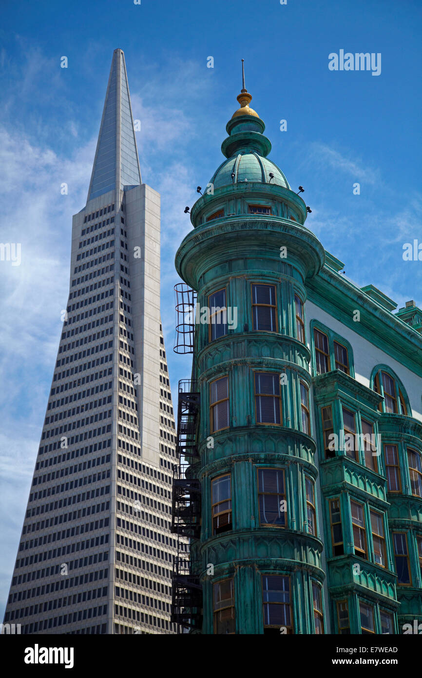 Transamerica Pyramid skyscraper and copper green Columbus Tower (aka Sentinel Building) downtown San Francisco, California, USA Stock Photo
