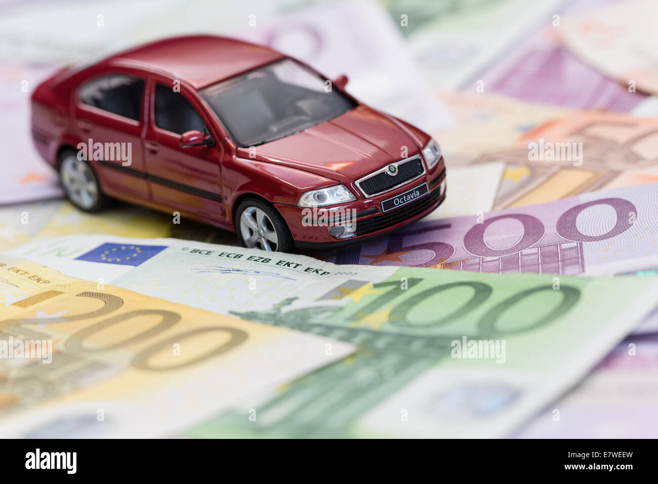 close-up of Škoda Octavia car on EUR money Stock Photo