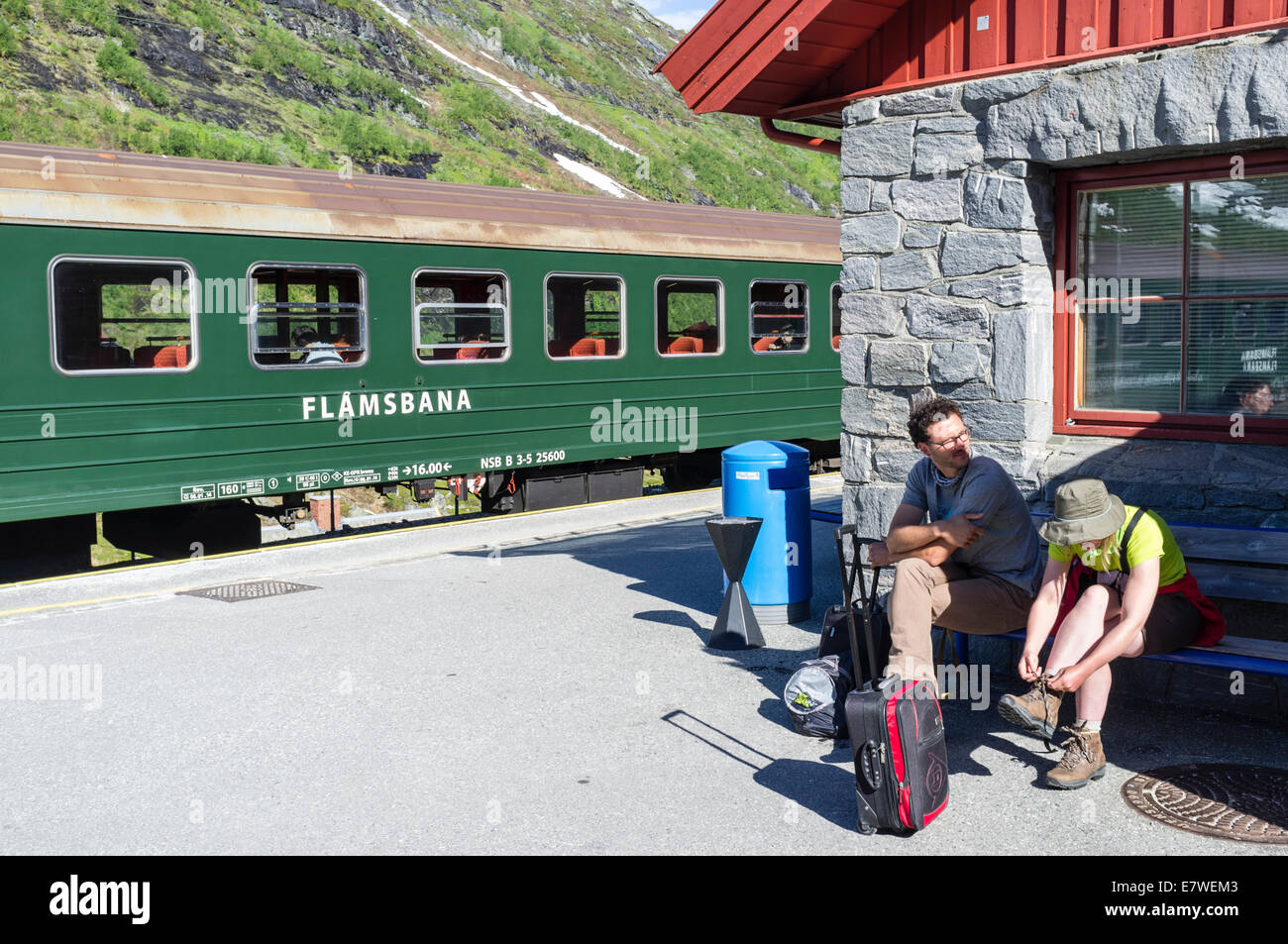 Flamsbana train and passengers at Myrdal train station, Norway Stock Photo
