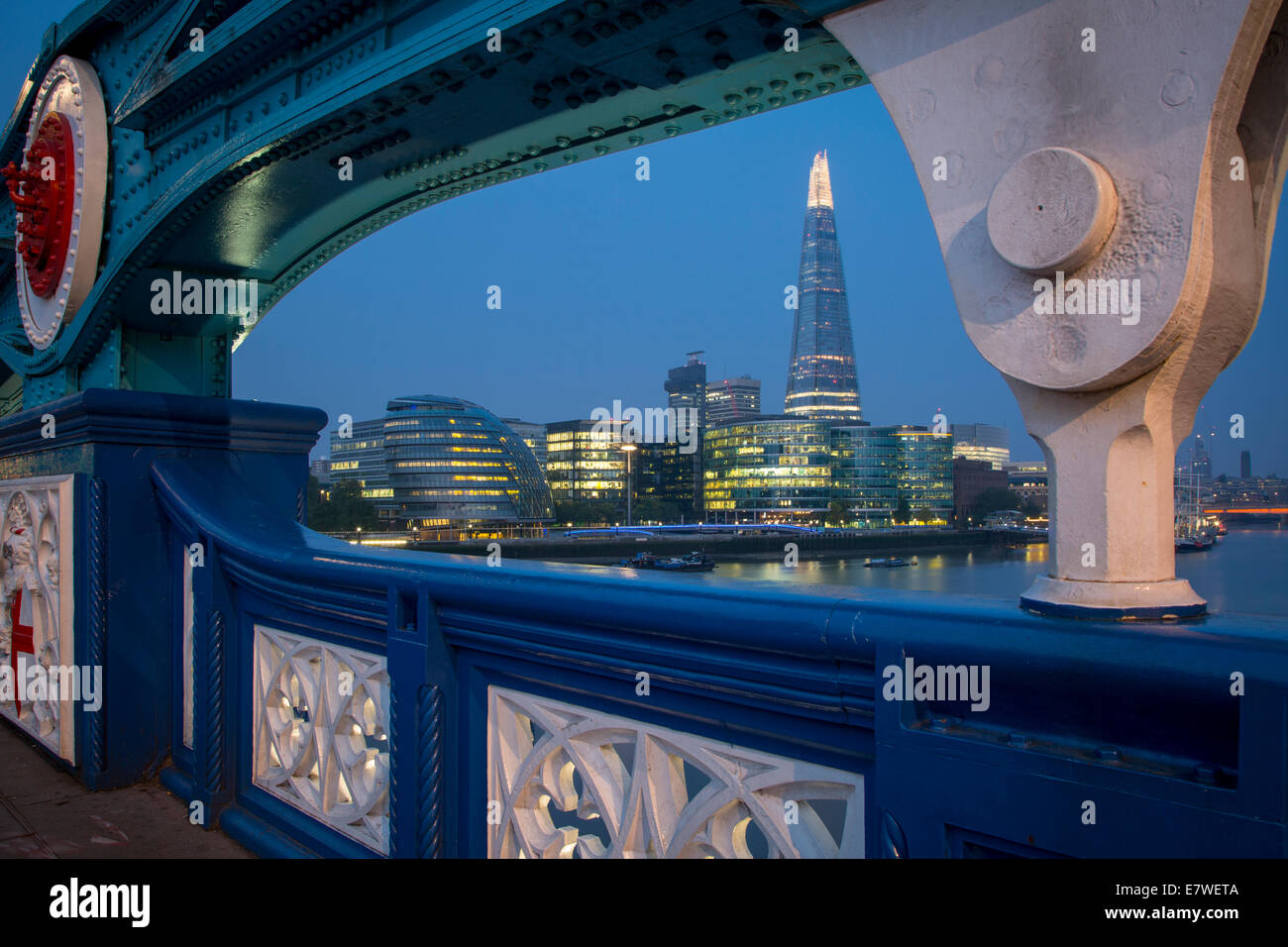River Thames, the Shard, City Hall before dawn, viewed from Tower Bridge, London, England Stock Photo