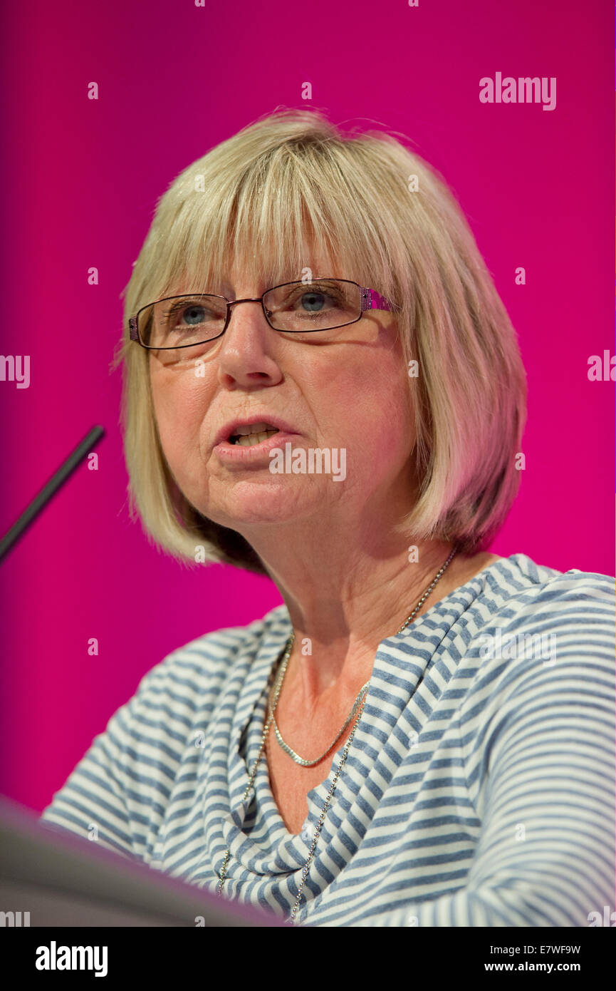 Manchester, UK. 24th September, 2014. Brenda Weston, representing Labour in Taunton Deane, addresses the auditorium on day four of the Labour Party's Annual Conference taking place at Manchester Central Convention Complex Credit:  Russell Hart/Alamy Live News. Stock Photo