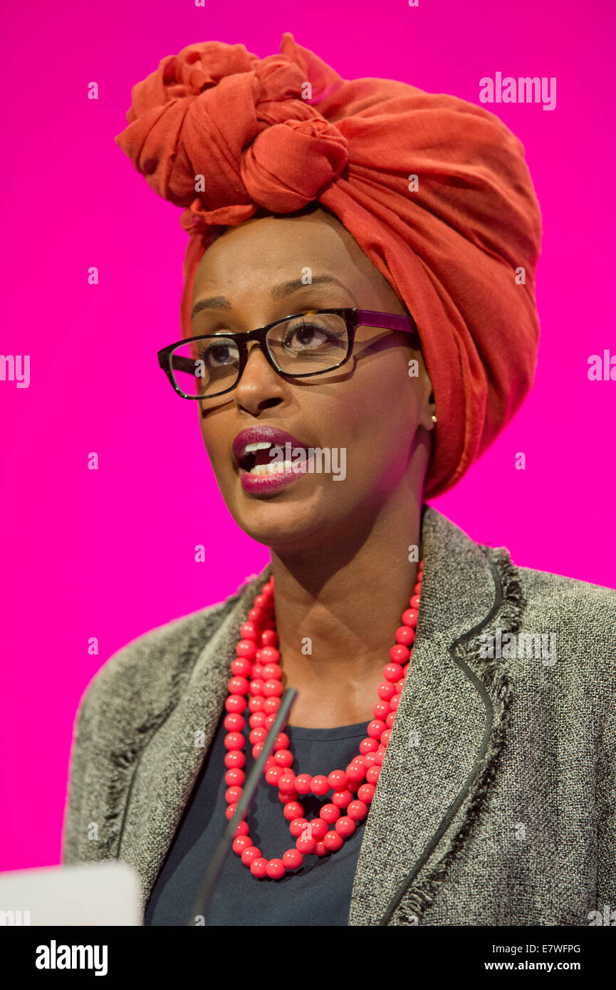 Manchester, UK. 24th September, 2014.  Leyla Hussein, Anti-FGM Activist, addresses the auditorium on day four of the Labour Party's Annual Conference taking place at Manchester Central Convention Complex Credit:  Russell Hart/Alamy Live News. Stock Photo