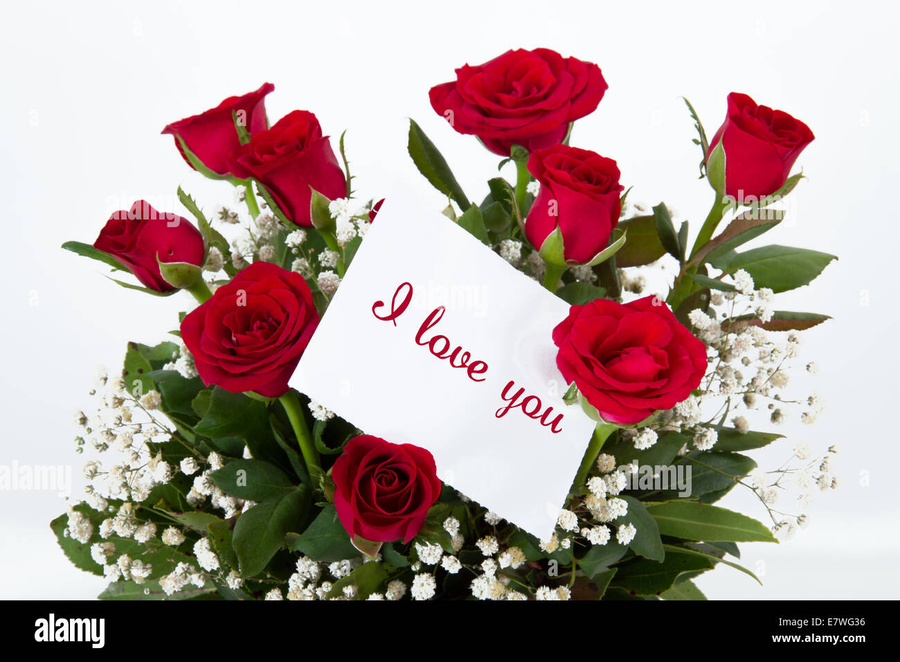 Red roses with gift card for text, isolated on white background Stock ...