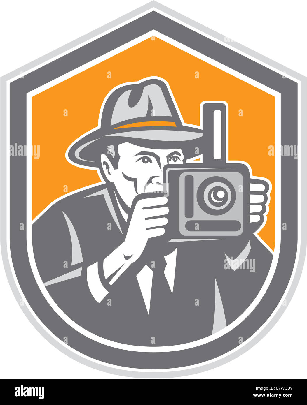 Illustration of a photographer wearing fedora hat shooting with vintage bellows camera set inside shield crest on isolated background done in retro style. Stock Photo