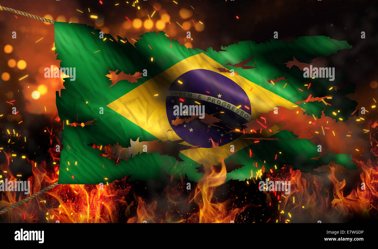 Brazil Burning Fire Flag War Conflict Night 3D Stock Photo