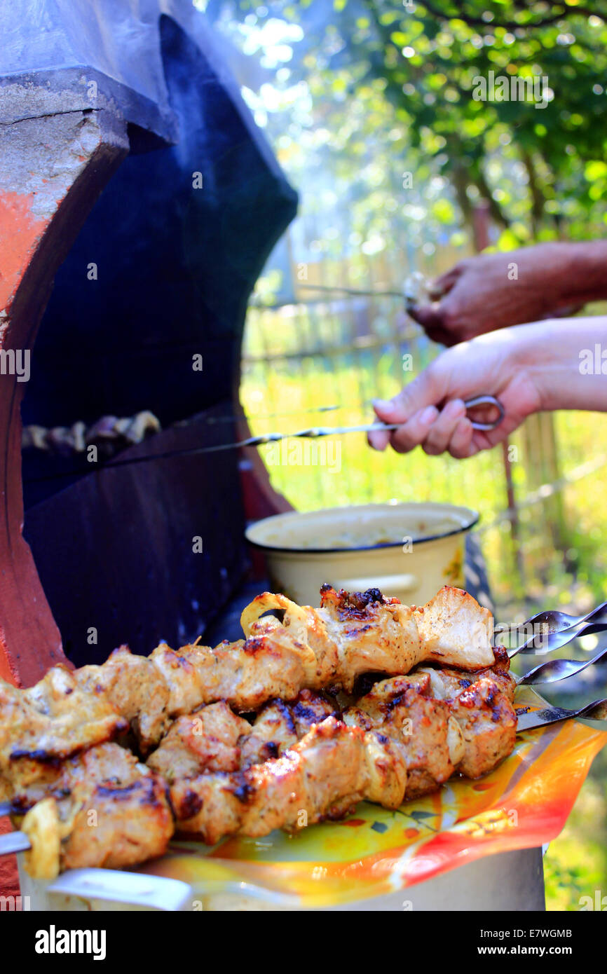 appetizing barbecue with great pieces of meat on the fire Stock Photo