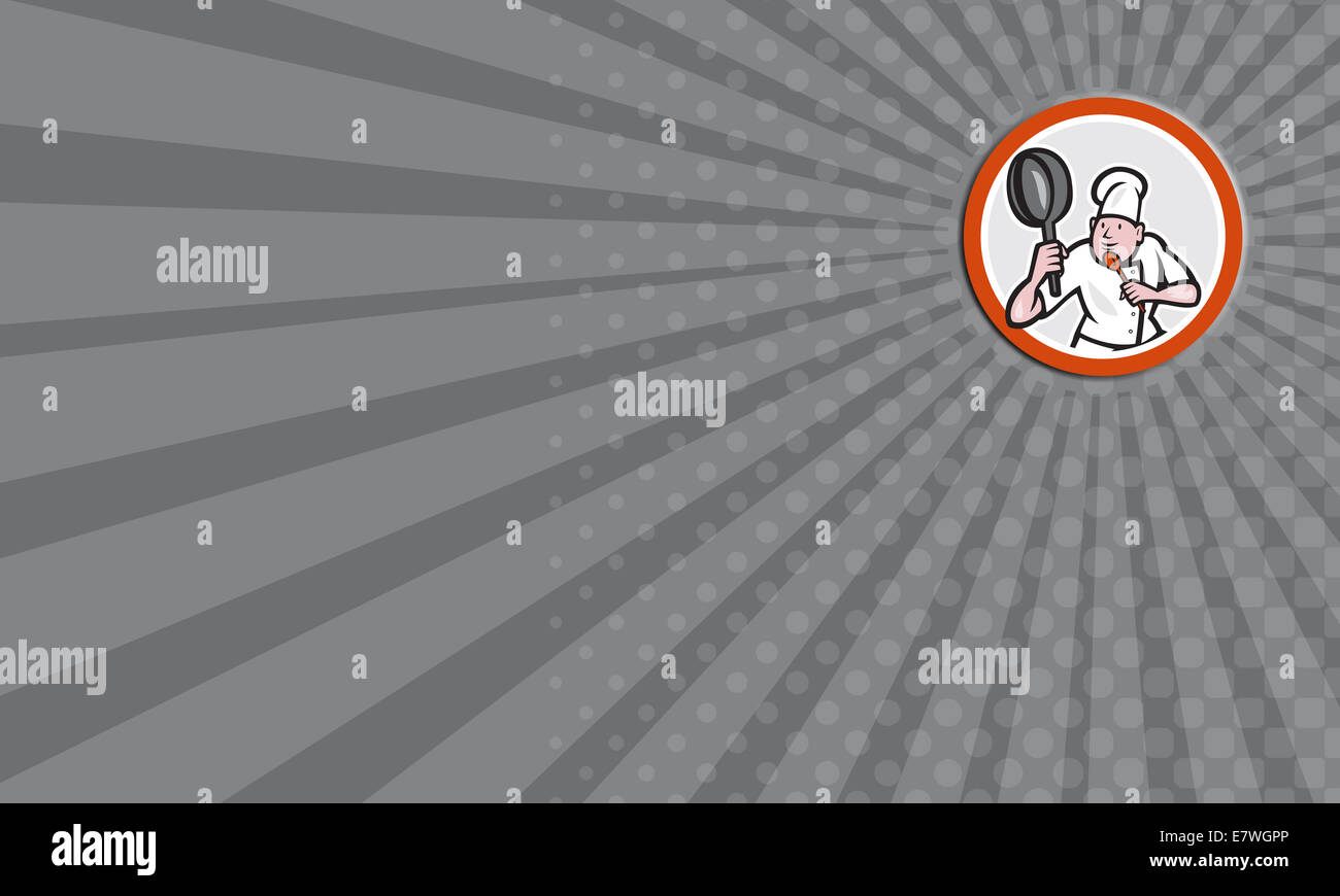 Business card showing illustration of a chef cook holding frying pan in