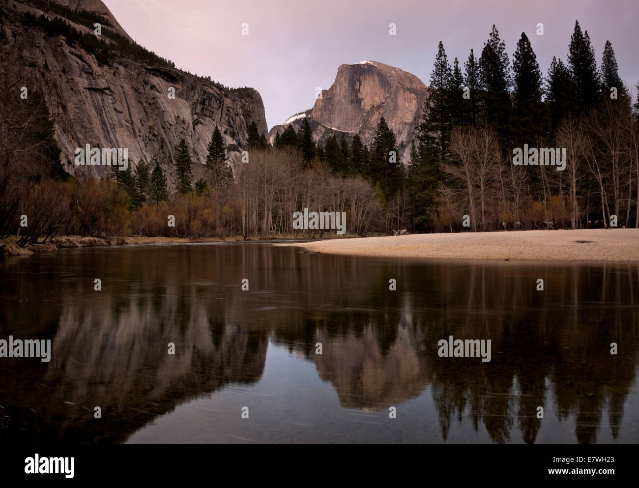 CA02331-00...CALIFORNIA - Half Dome at sunset reflecting in the Merced River in Yosemite National Park. Stock Photo