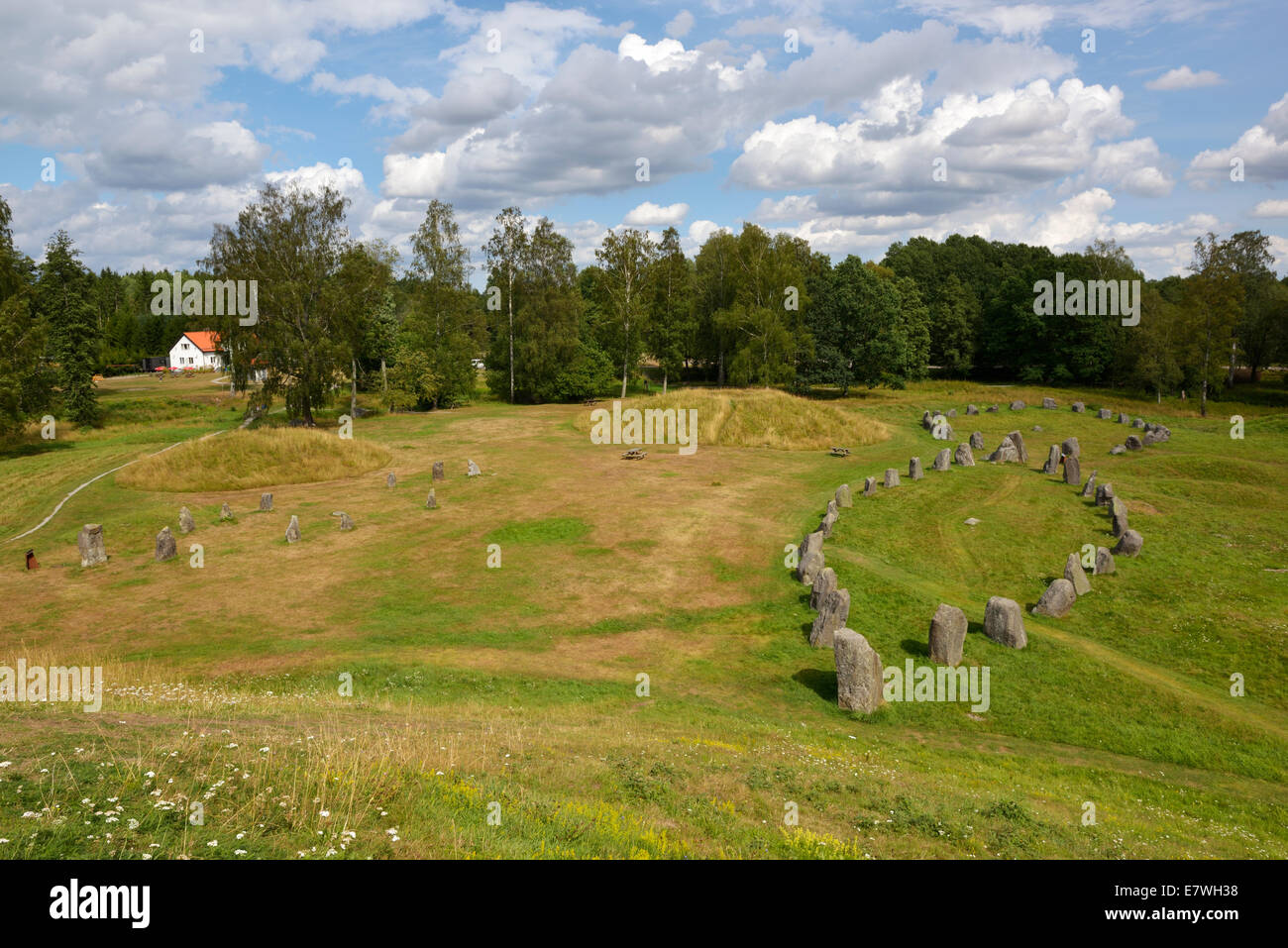 Tumulus and Ship shaped stone burials, Anundshög, Västerås, Sweden 140812 62023 Stock Photo