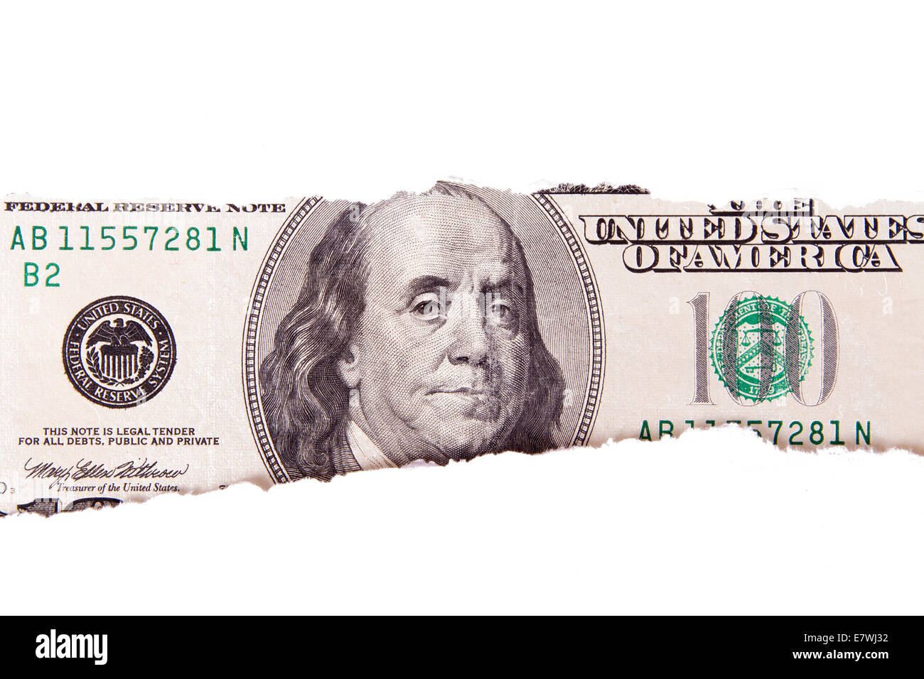 One hundred dollar bill with teared white papers, isolated on white