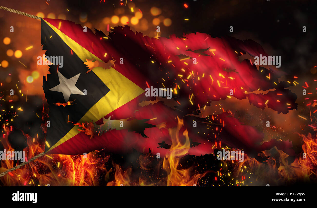 Timor Leste Burning Fire Flag War Conflict Night 3D Stock Photo