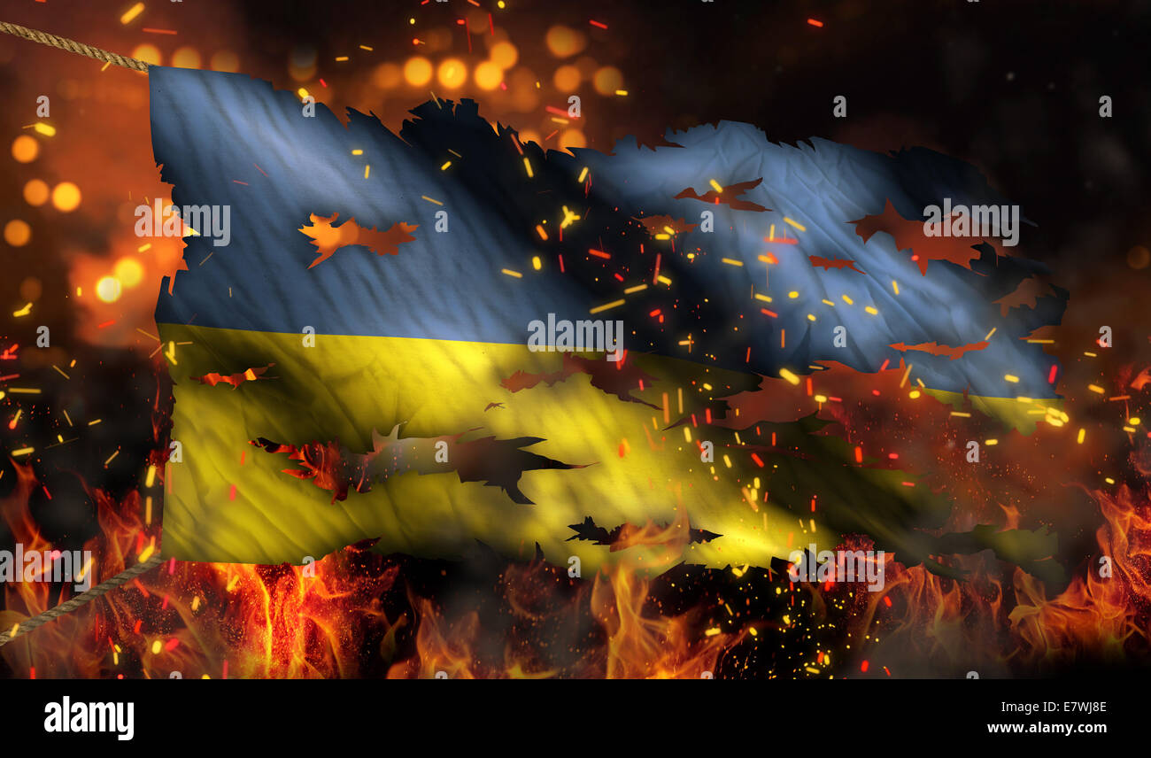 Ukraine Burning Fire Flag War Conflict Night 3D Stock Photo