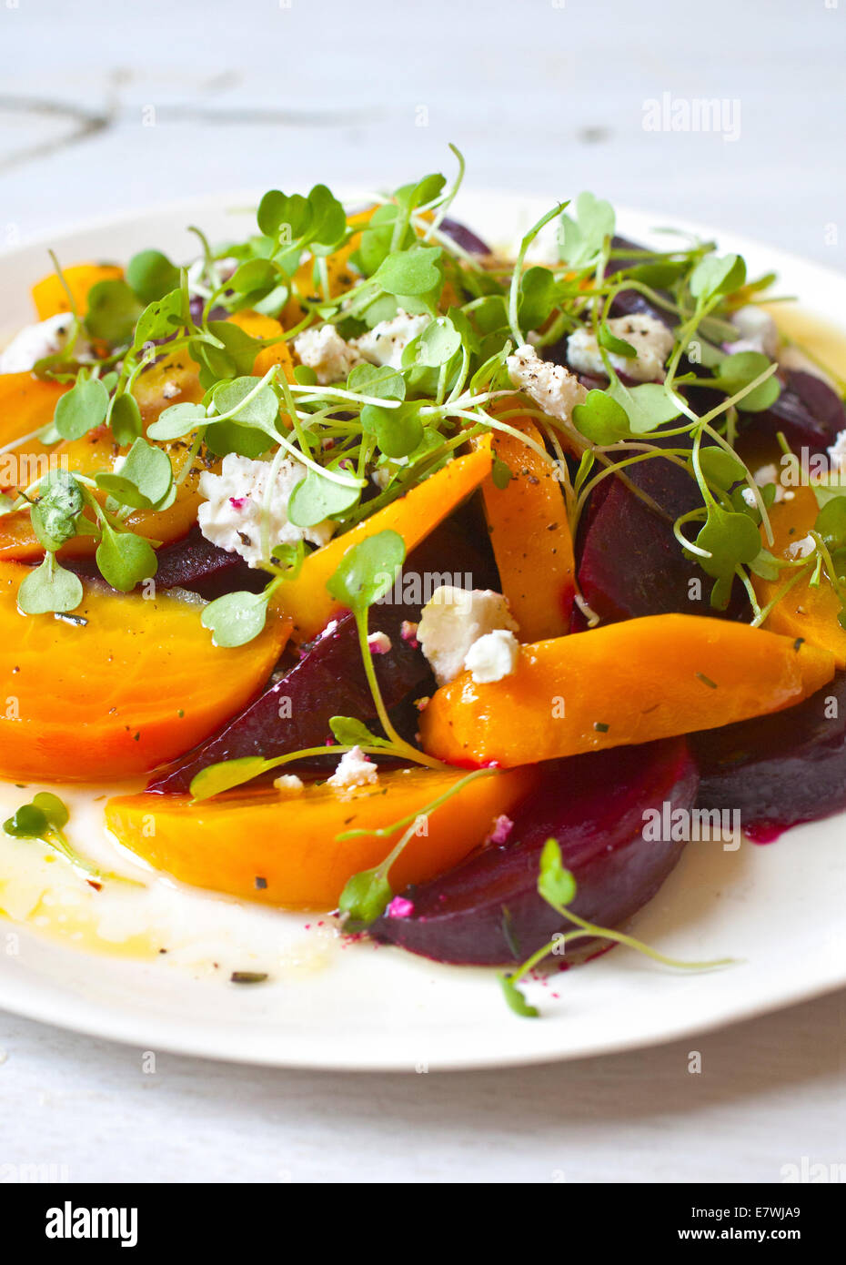 Colorful beet salad plated on white plate and backdrop. Yellow beets, orange beets, red beets. Stock Photo