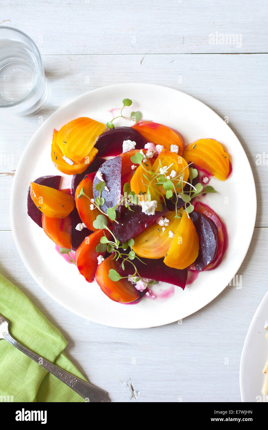 Colorful beet salad plated on white plate and backdrop. Stock Photo