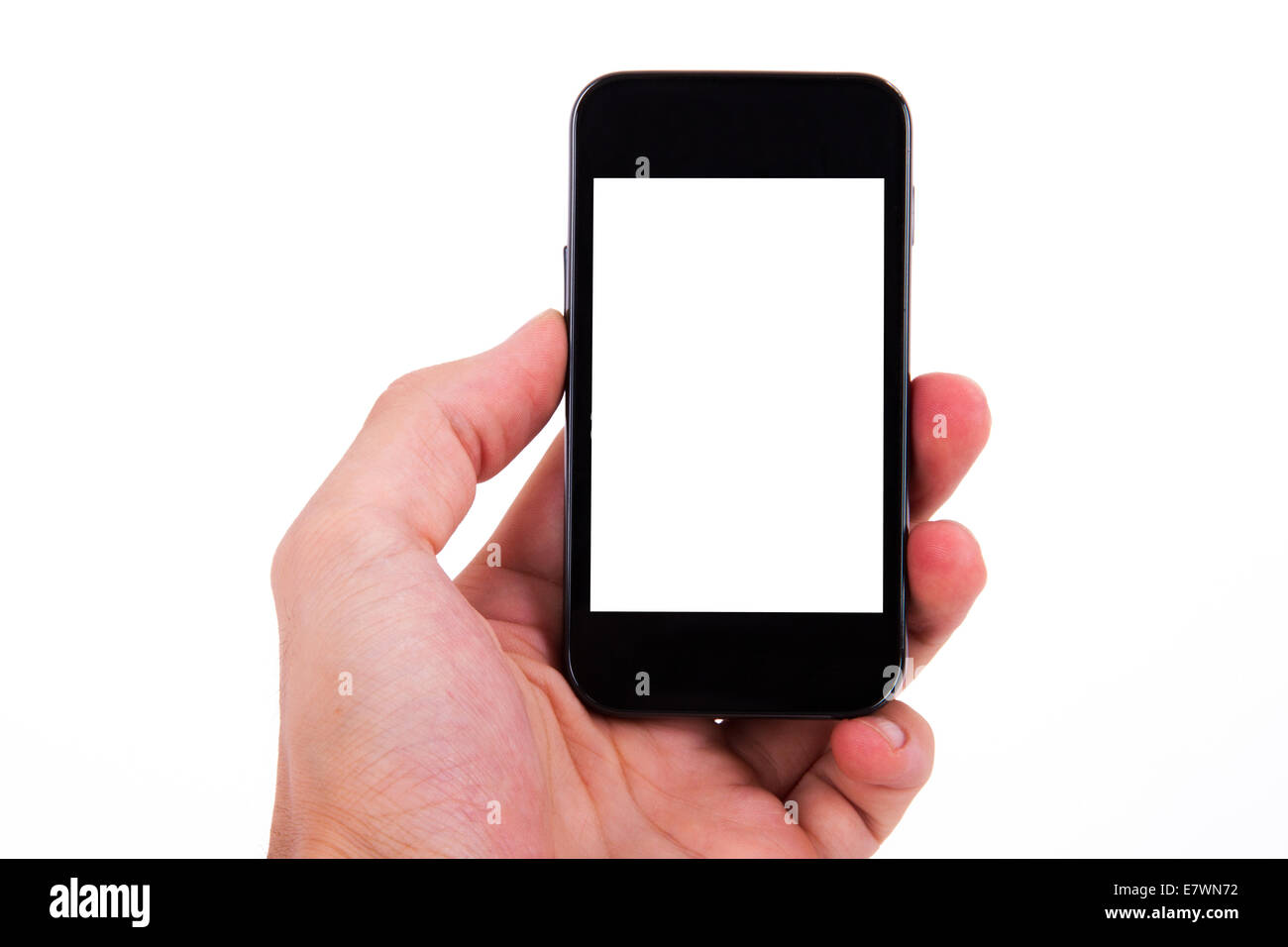 Hand holding smart, mobile phone with white blank screen, isolated on ...