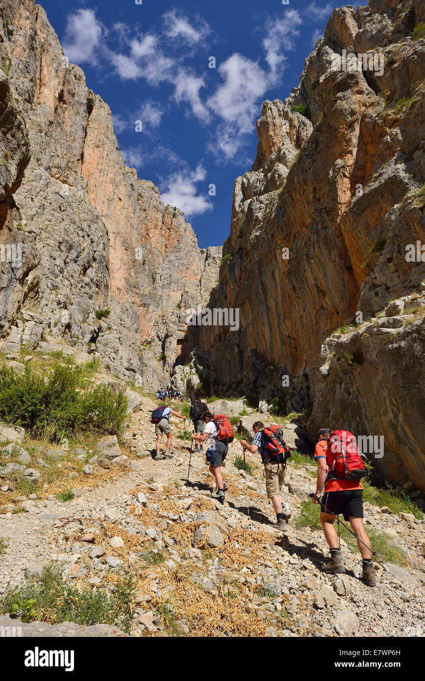 Group of people hiking in Cimbar Canyon, Aladaglar National Park, High or Anti-Taurus Mountains, Turkey Stock Photo