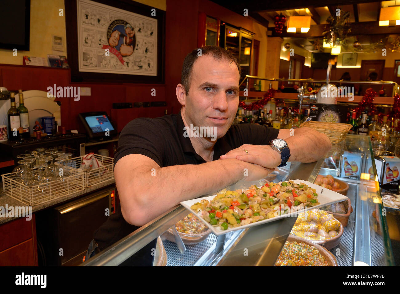 Javier Olivas, owner of the 'Pope' tapas bar, La Lonja district, Palma, Mallorca, Balearic Islands, Spain Stock Photo