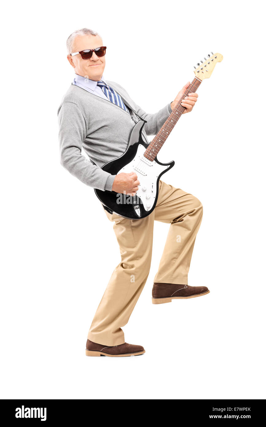 Cool senior playing an electric guitar isolated on white background Stock Photo