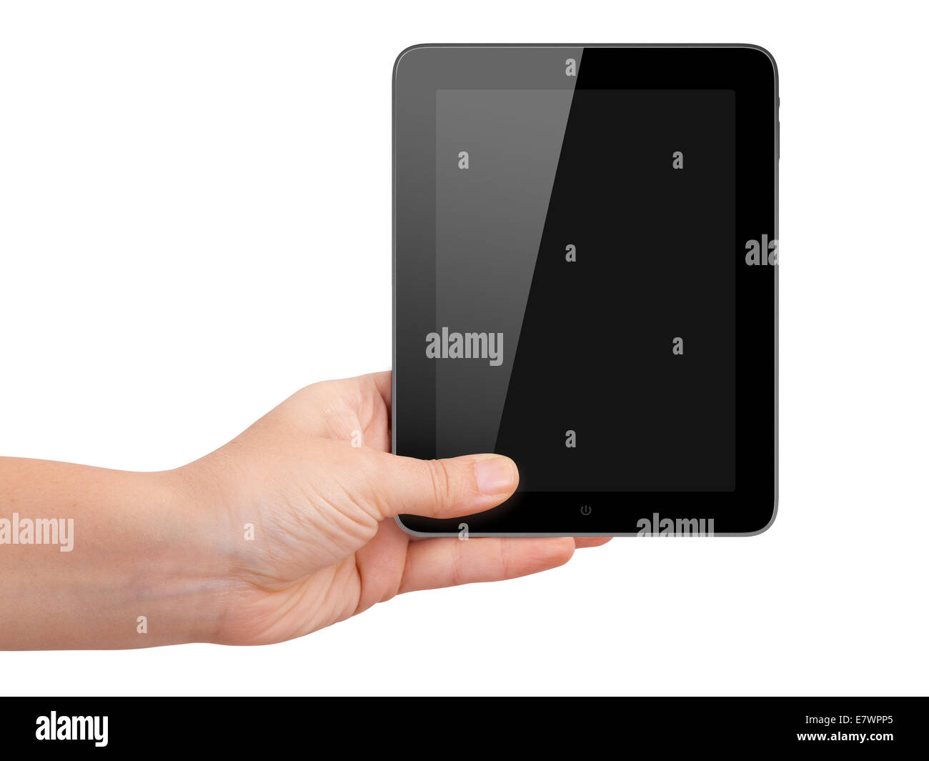 Realistic horizontal tablet device with blank touch screen holding by