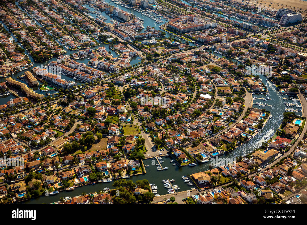 Aerial view, holiday homes with moorings and canals, Marina of Empuriabrava, Ampuriabrava, Catalonia, Spain Stock Photo