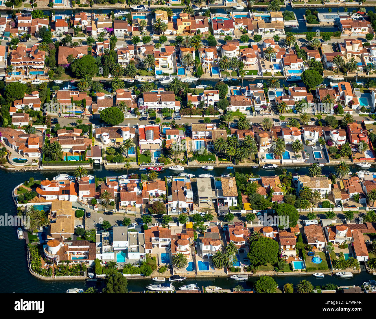 Aerial view, holiday homes with moorings and canals, Marina of Empuriabrava, Ampuriabrava, Catalonia, Spain Stock Photo