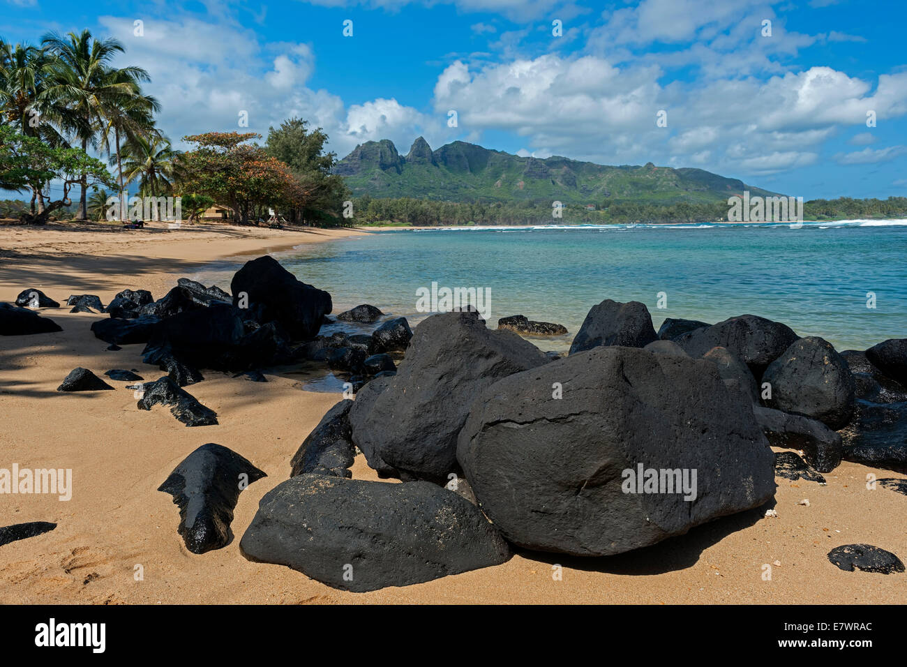 Boulders on the beach, Anahola Bay, Anahola, Kaua'i, Hawaii, United States Stock Photo