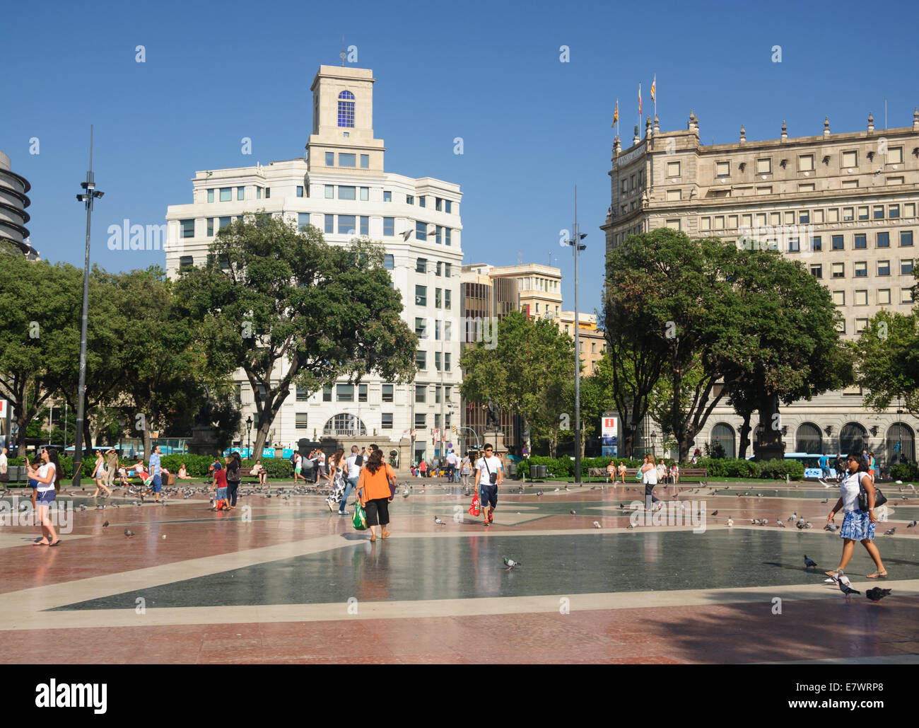 Placa Catalunya open space with doves and people. Barcelona, Spain on July 31, 2012. Stock Photo
