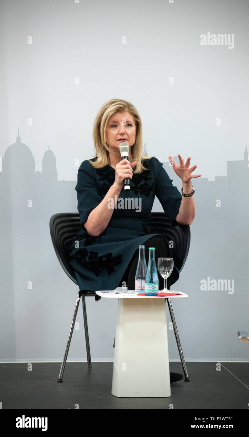 Berlin, Germany. 24th Sep, 2014. Author Arianna Huffington speaks about her new book 'Thrive: The Third Metric to Redefining Success and Creating a Life of Well-Being, Wisdom, and Wonder' in the Hertie School of Governance in Berlin, Germany, 24 September 2014. Credit:  dpa picture alliance/Alamy Live News Stock Photo