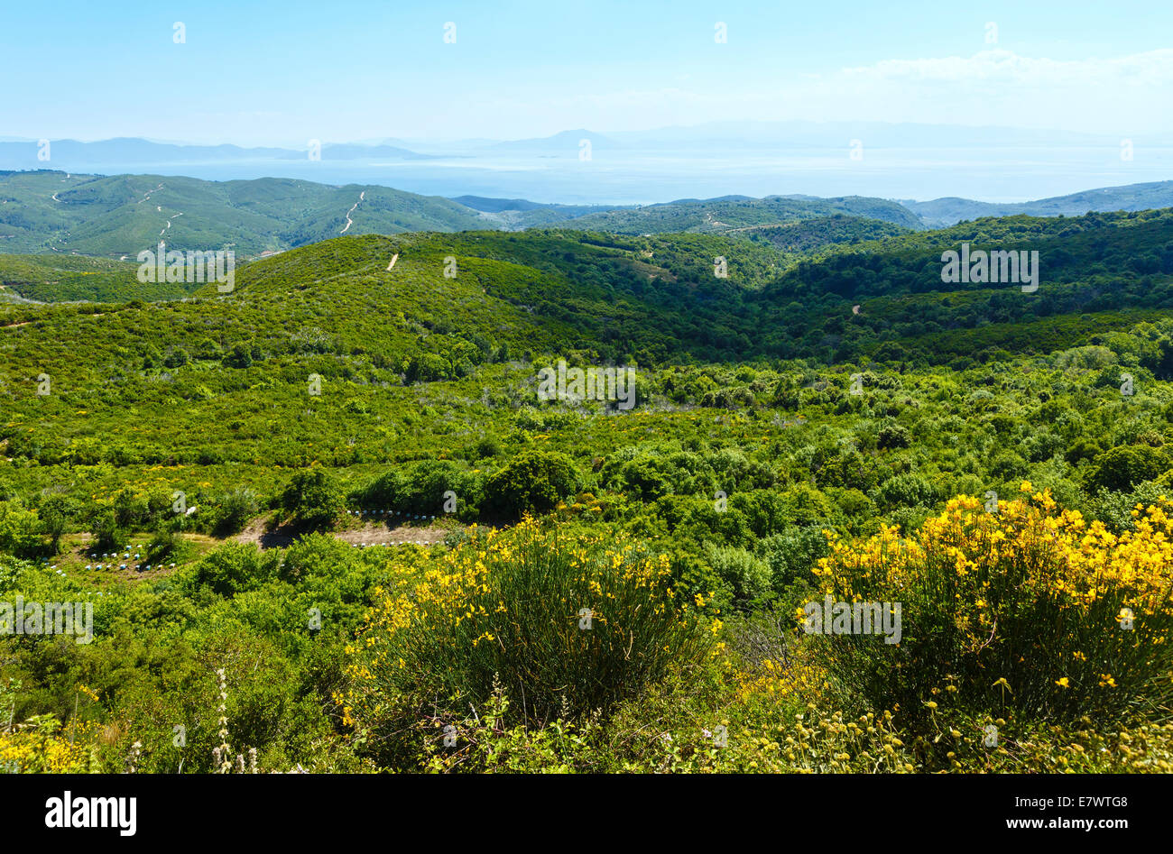 Summer view of the Aegean Sea from the top of the hill (Greece) Stock Photo