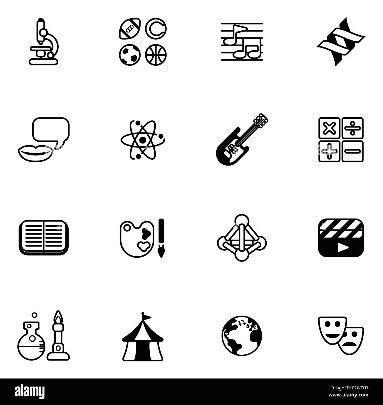 Education or quiz subject icons covering math, sports, music, science, history and lots more Stock Photo