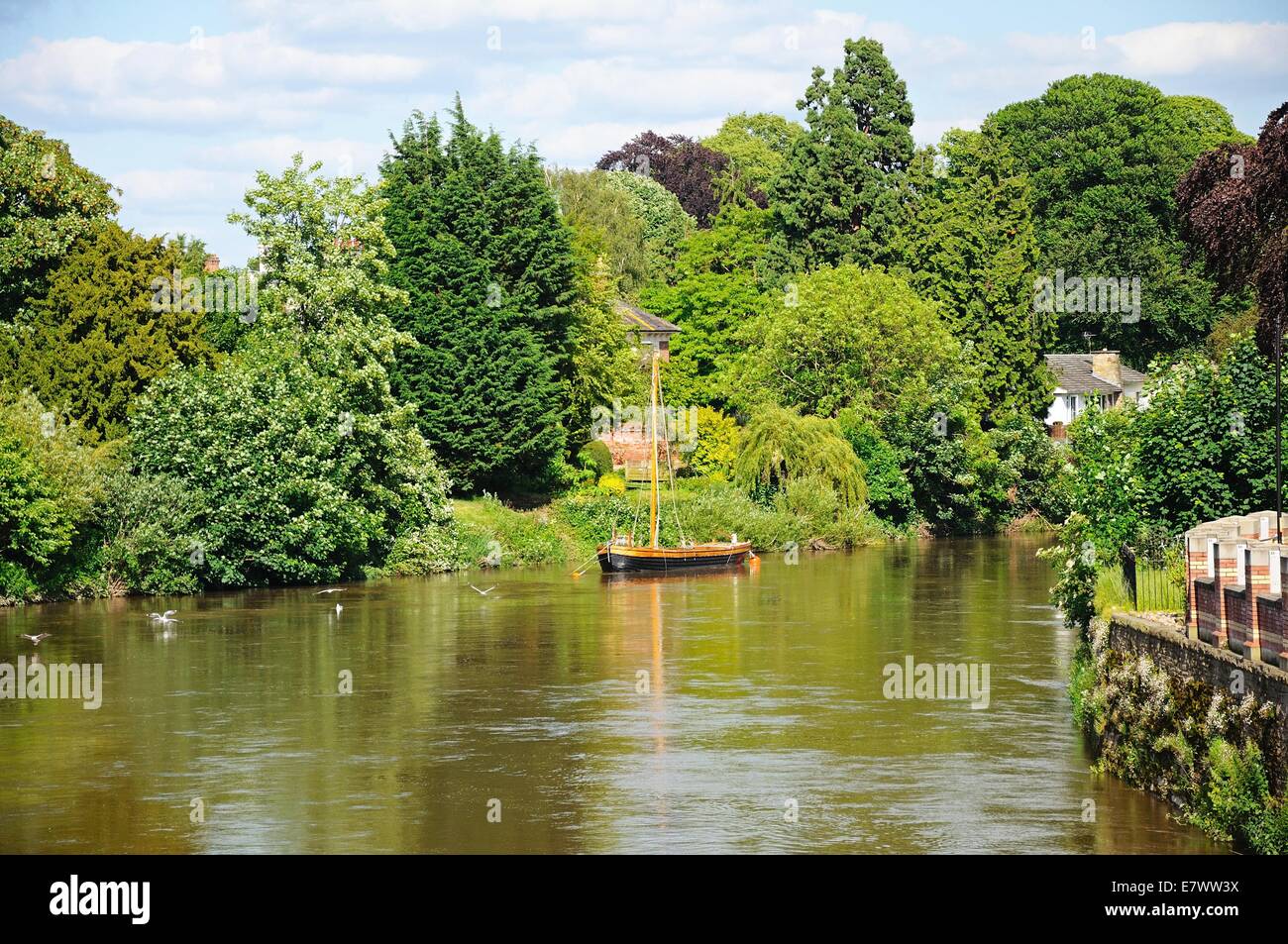 Traditional wooden sailing boat on River Wye, Hereford, Herefordshire