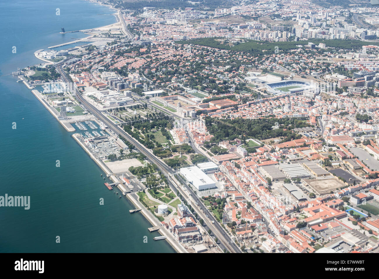 aerial view over lisbon coast from plane Stock Photo