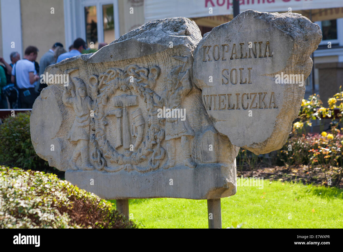 plaque by entrance to salt mine at Wieliczka, Poland - salt mine near Krakow Stock Photo