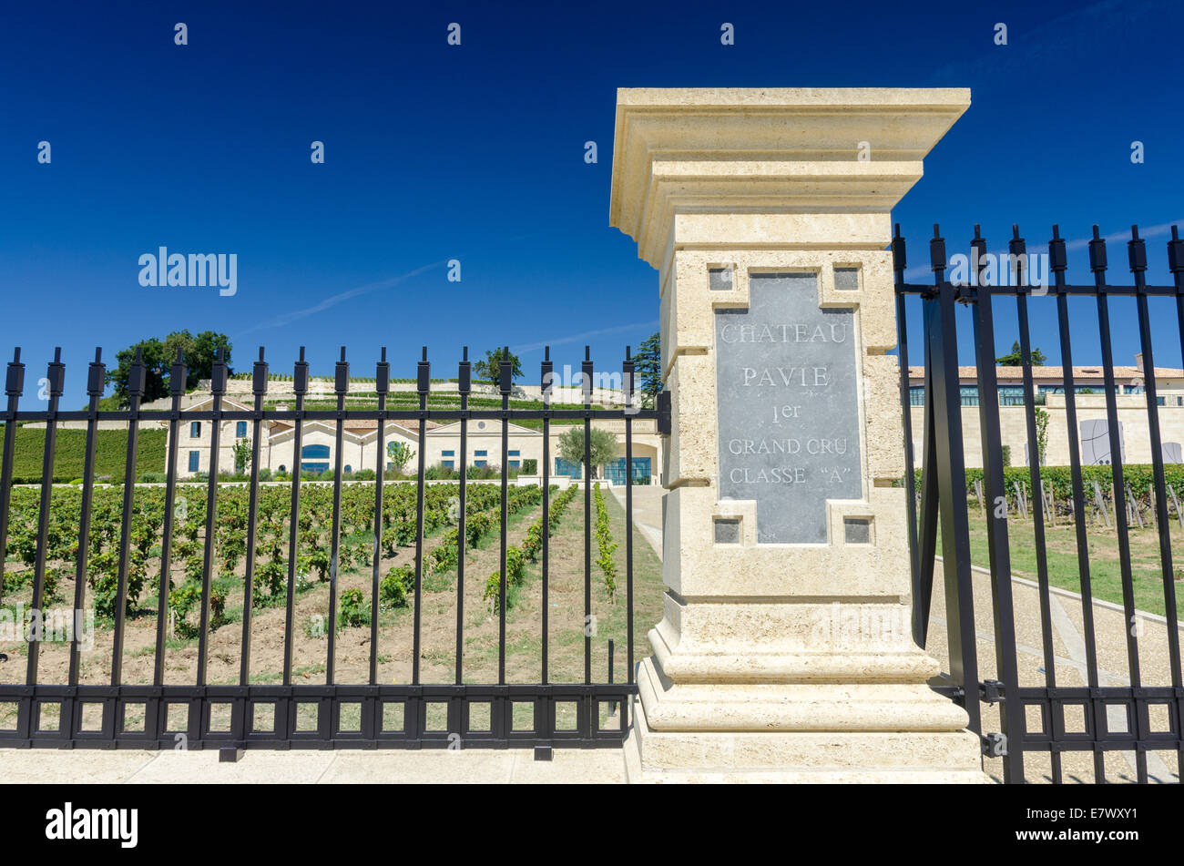 Sign on post at the entrance to Chateau Pavie, a Premiere Grand Cru Classe wine in St Emilion, Bordeaux, France Stock Photo