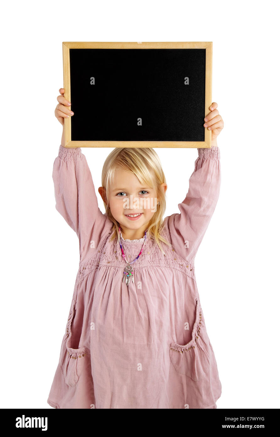 young girl holding blank board isolated on white Stock Photo