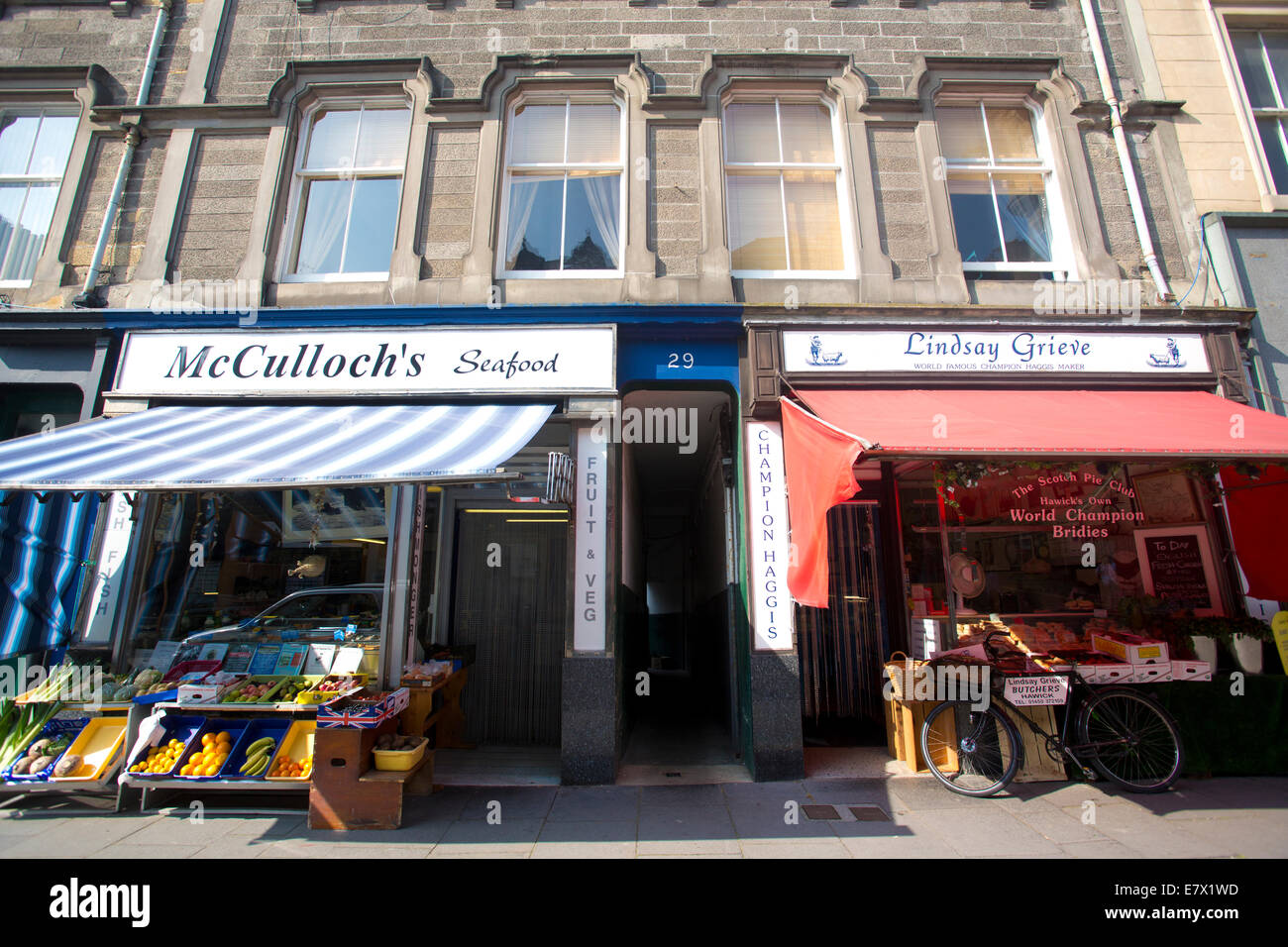 McCulloch's fishmonger and Lindsay Grieve butchers selling Haggis, Hawick the largest town in the Scottish Borders, Scotland, UK Stock Photo