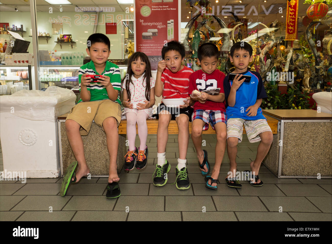 Vietnamese-Americans, Vietnamese-American children, boys, girl, child, children, Asian Garden Mall, city of Westminster, Orange County, California Stock Photo