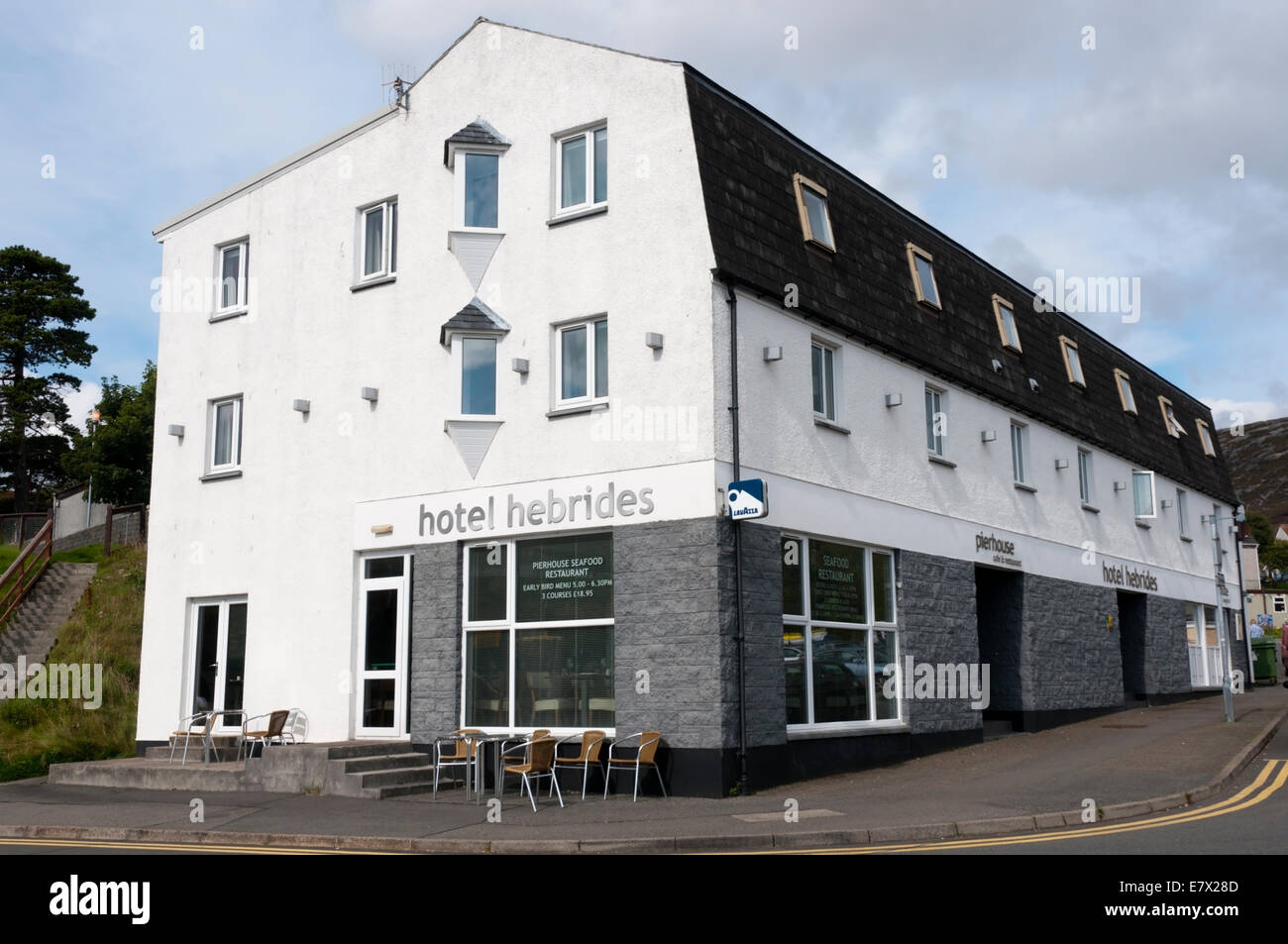 The Hotel Hebrides and Pierhead Seafood Restaurant in Tarbert on the Isle of Harris. Stock Photo