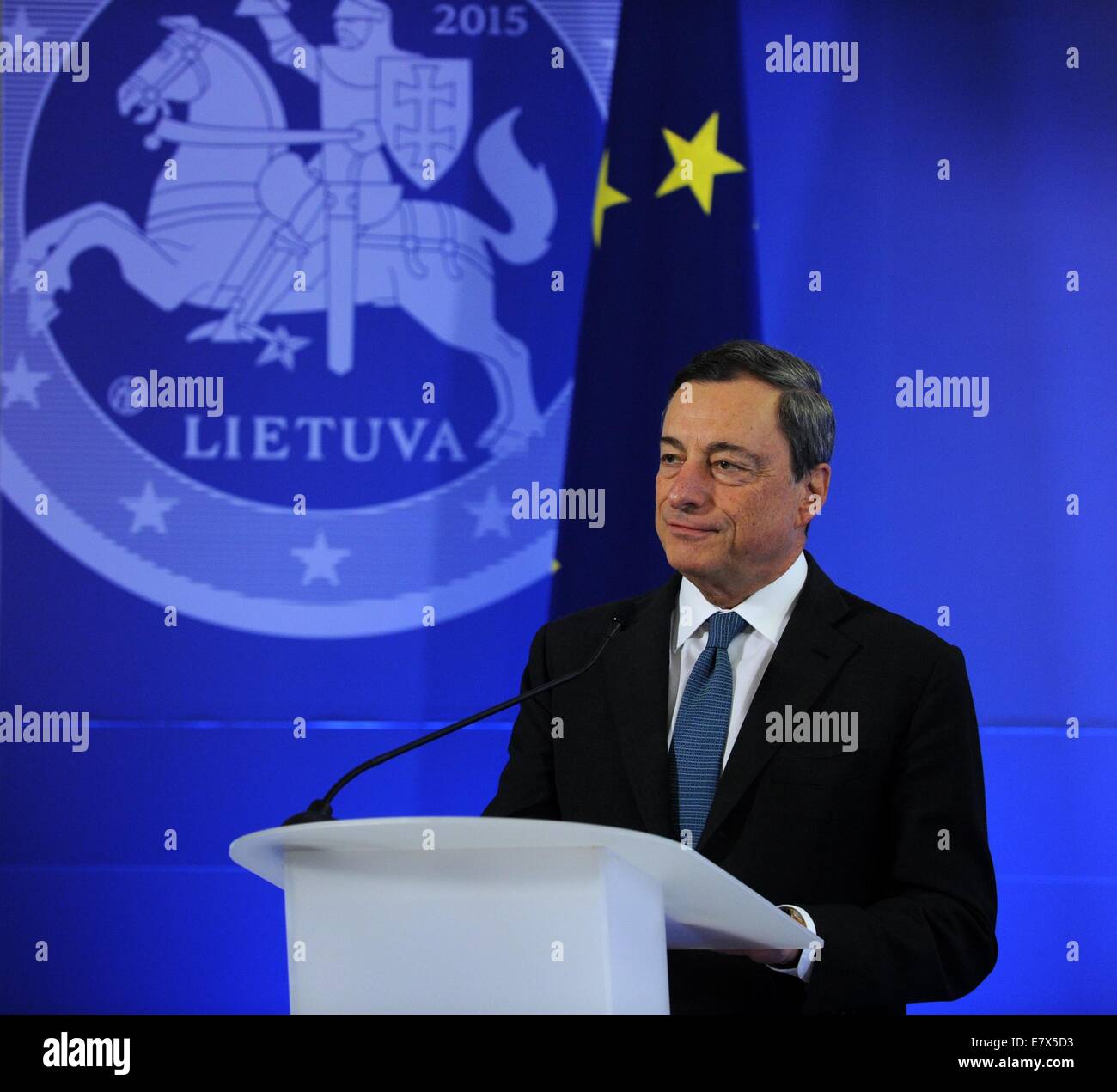 Vilnius, Lithuania. 25th Sep, 2014. European Central Bank (ECB)'s president Mario Draghi addresses in Vilnius, Lithuania, on Sept. 25, 2014. President of the ECB Mario Draghi handed over a Euro Star to chairman of Lithuania's Central Bank here on Thursday, a sign symbolizing Lithuania's membership in the euro area. Credit:  Alfredas Pliadis/Xinhua/Alamy Live News Stock Photo