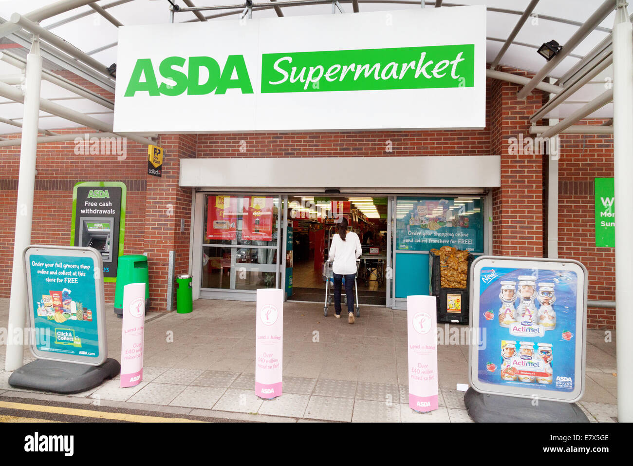 Asda supermarket entrance, exterior view, Newmarket Suffolk UK Stock Photo