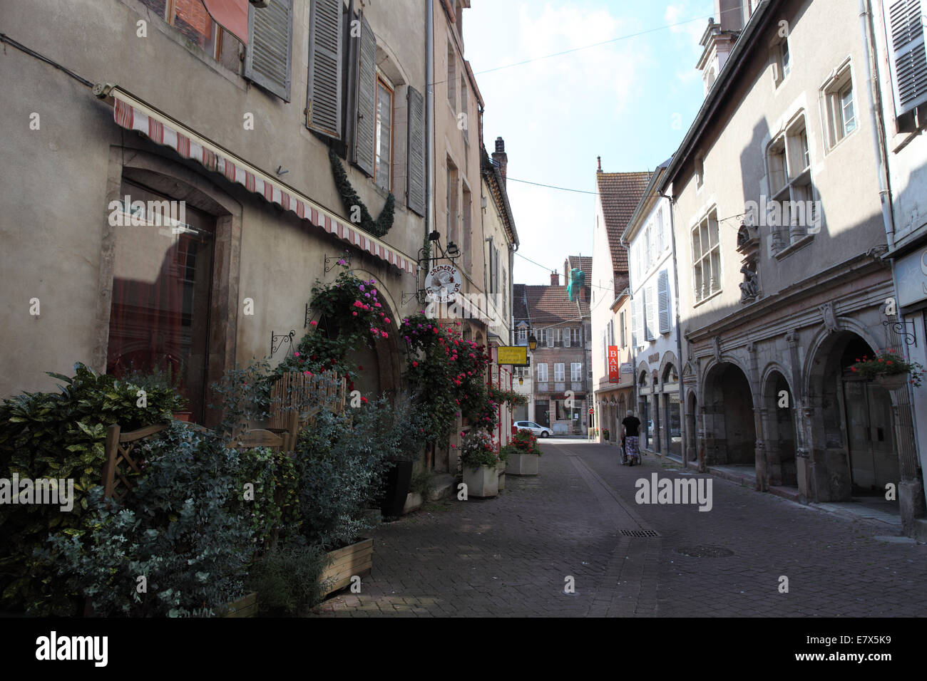 Rue du Bourg , a typical street in the center of Auxonne, Cote-D'Or, Burgundy. Stock Photo