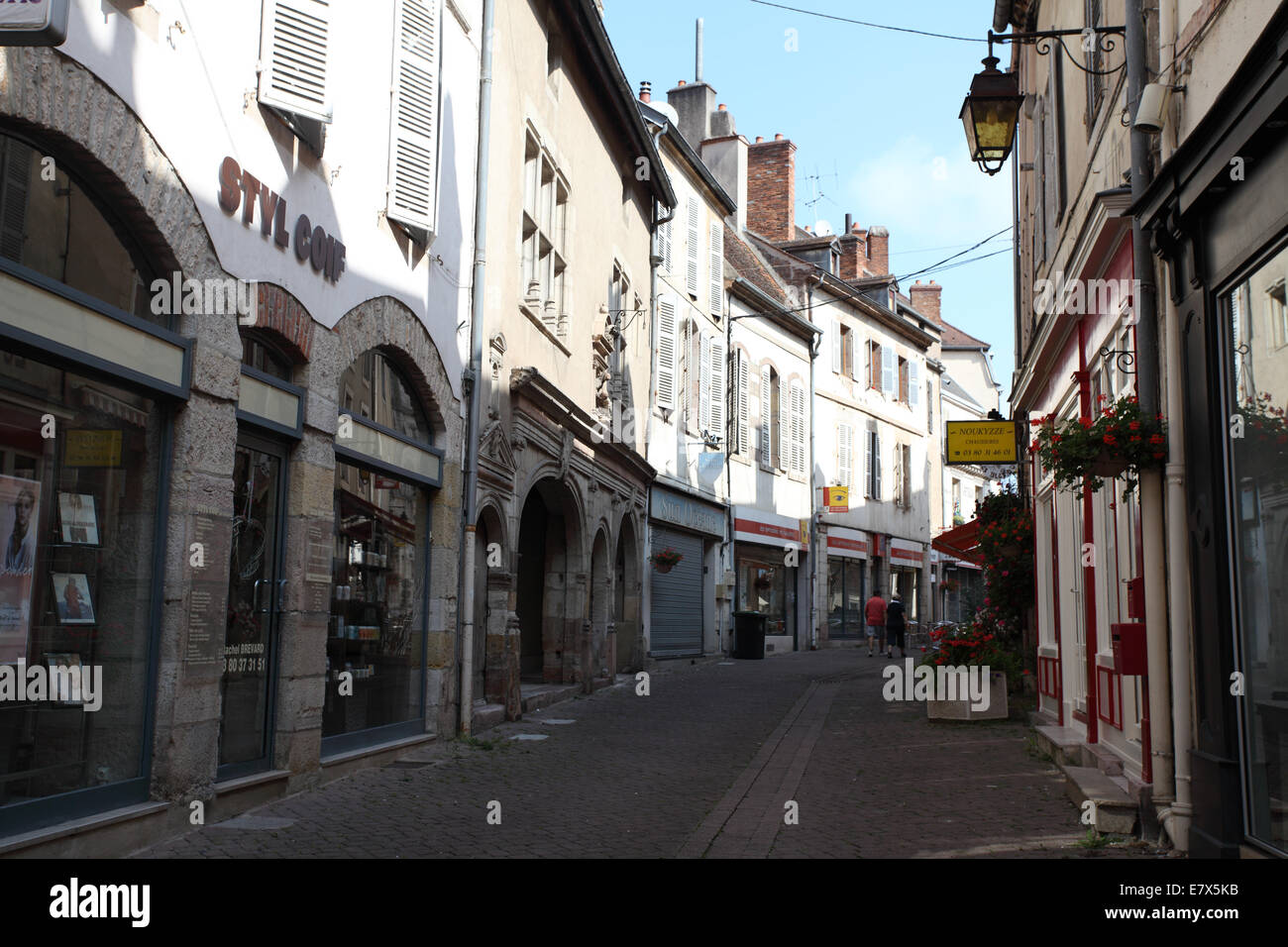 Rue du Bourg , a typical street in the center of Auxonne, Cote-D'Or, Burgundy. Stock Photo